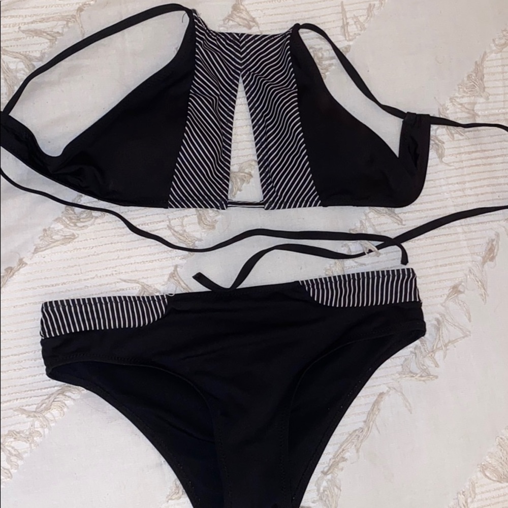 Black ad white striped bikini set
